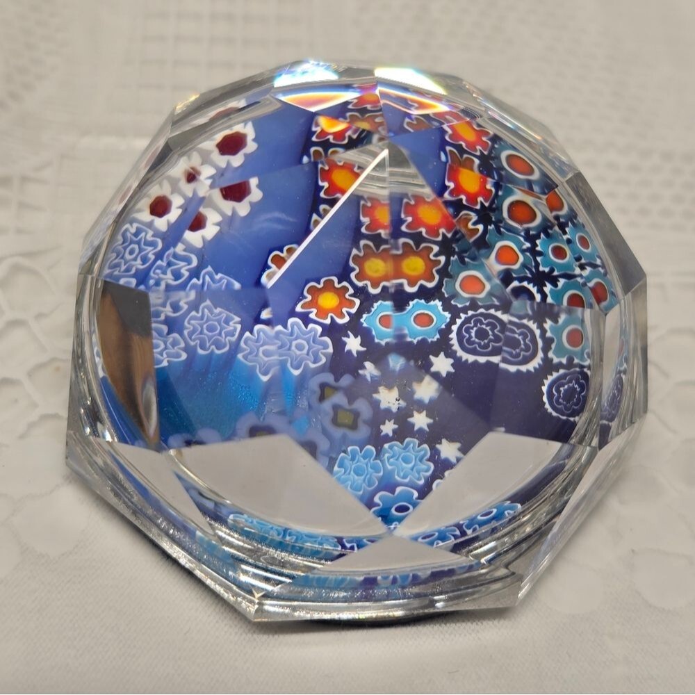 Vintage 1960s Faceted Dome Glass Art Paperweight Concentric Millefiori Small